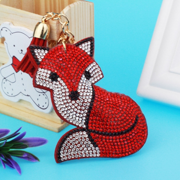 Red Fox Animal Leather Crystal Diamante Bag Charms Handbag Women Keyring Pendant
