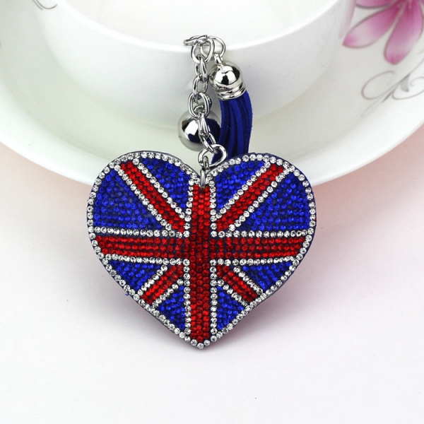 British Union Jack Flag Heart Shaped Leather Crystal Diamante Bag Charms Keyring