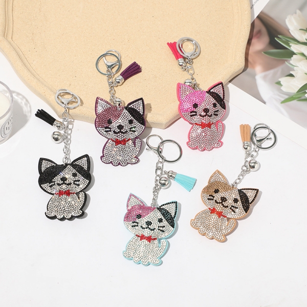 Cute Kitten Cats Leather Crystal Diamante Bag Charms Handbag Keyrings Pendant