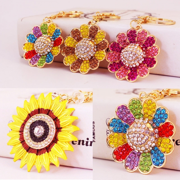 Sunflowers Crystal Diamante Flowers Bag Charms Handbag Women Keyrings Pendant