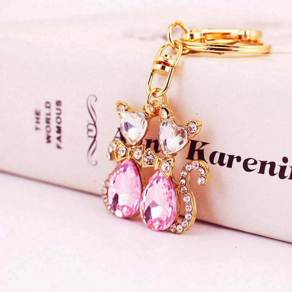 Pink Cat Couple Love Crystal Diamante Rhinestone Bag Charm Handbag Women Keyring